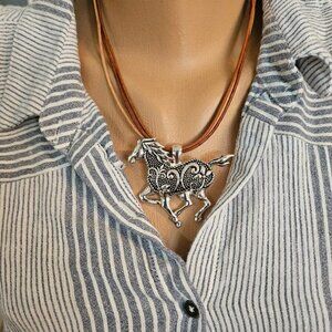Silver Tone Horse Pendent Necklace with matching Earring Set